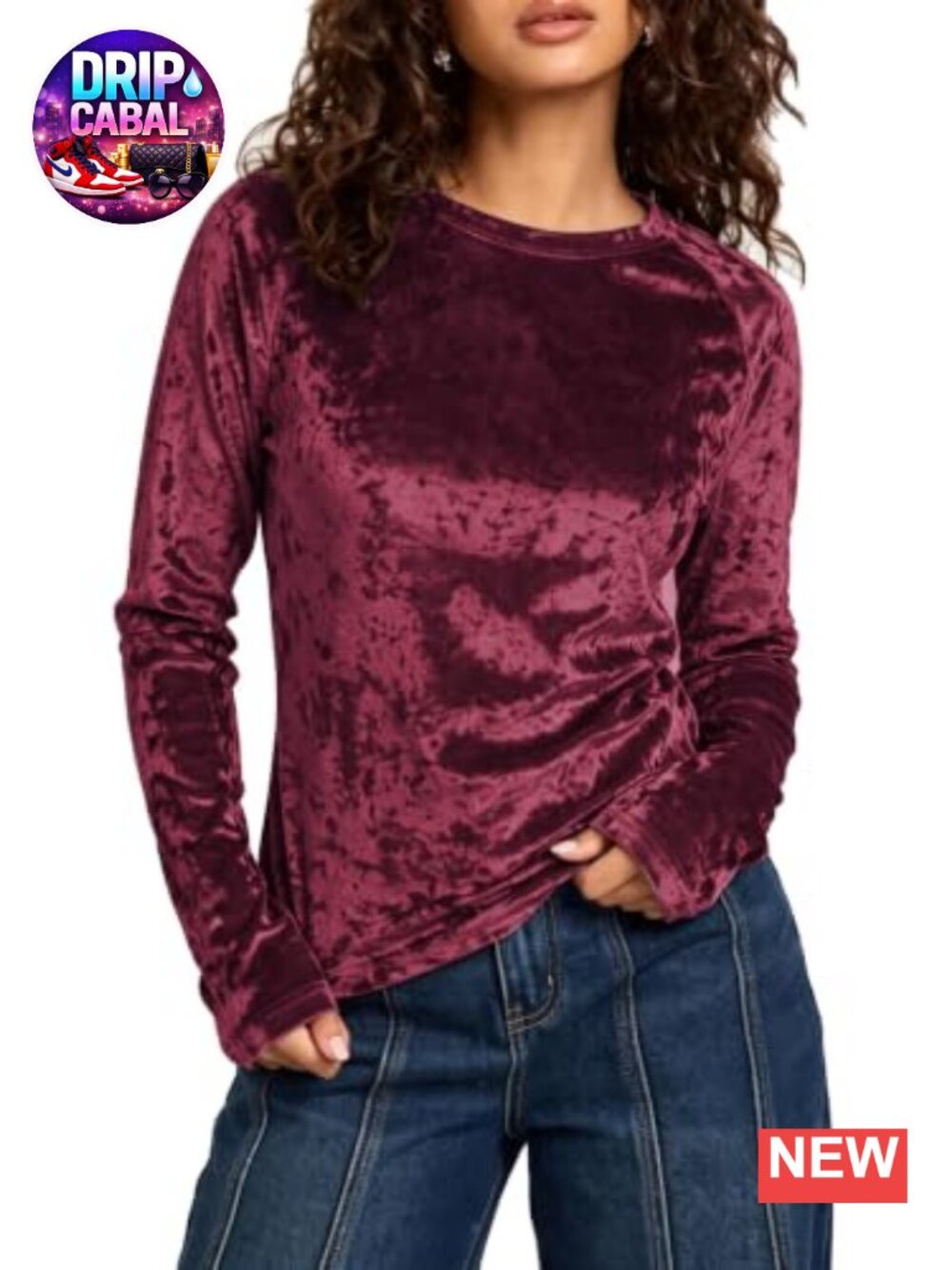 Long Sleeve Crushed Velvet Crew Neck Top Relaxed Fit Blouse